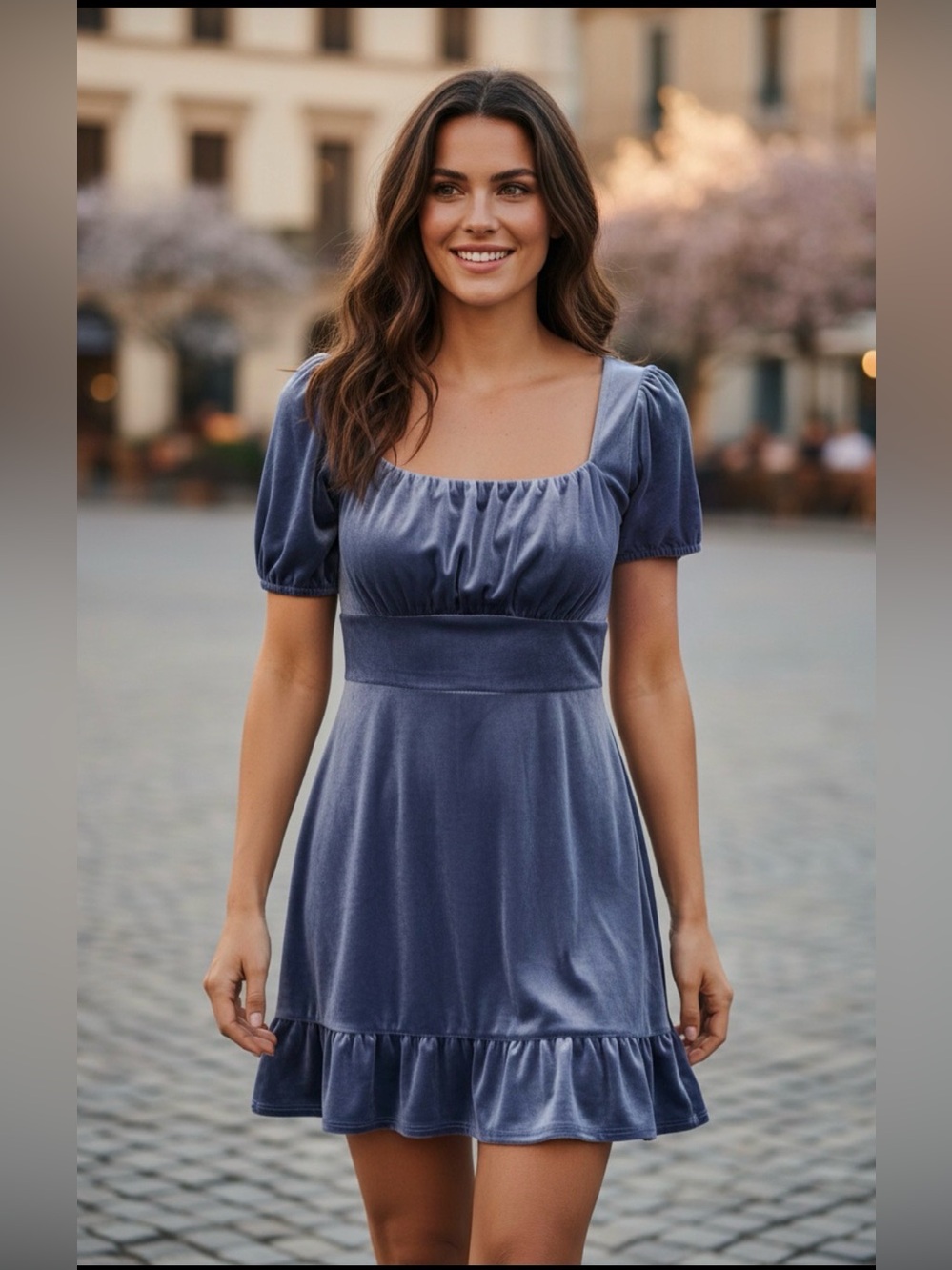 Crushed Velvet Women's Medium Mini Dress Milkmaid Periwinkle Ruffle Hem Coquette